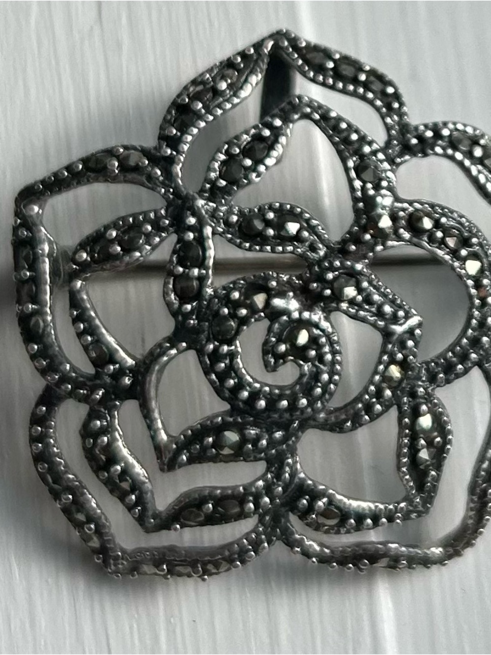 Vintage Sterling Silver 925 Rose Marcasite Pendant or Brooch - Sparkly & Pretty!